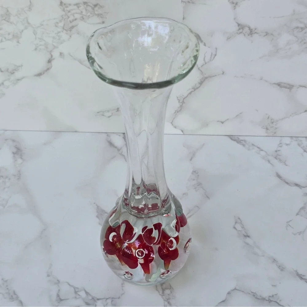 Vintage Paperweight Base Bud Vase  Art Glass Red White Flower Ruffled Rim 7.5 in